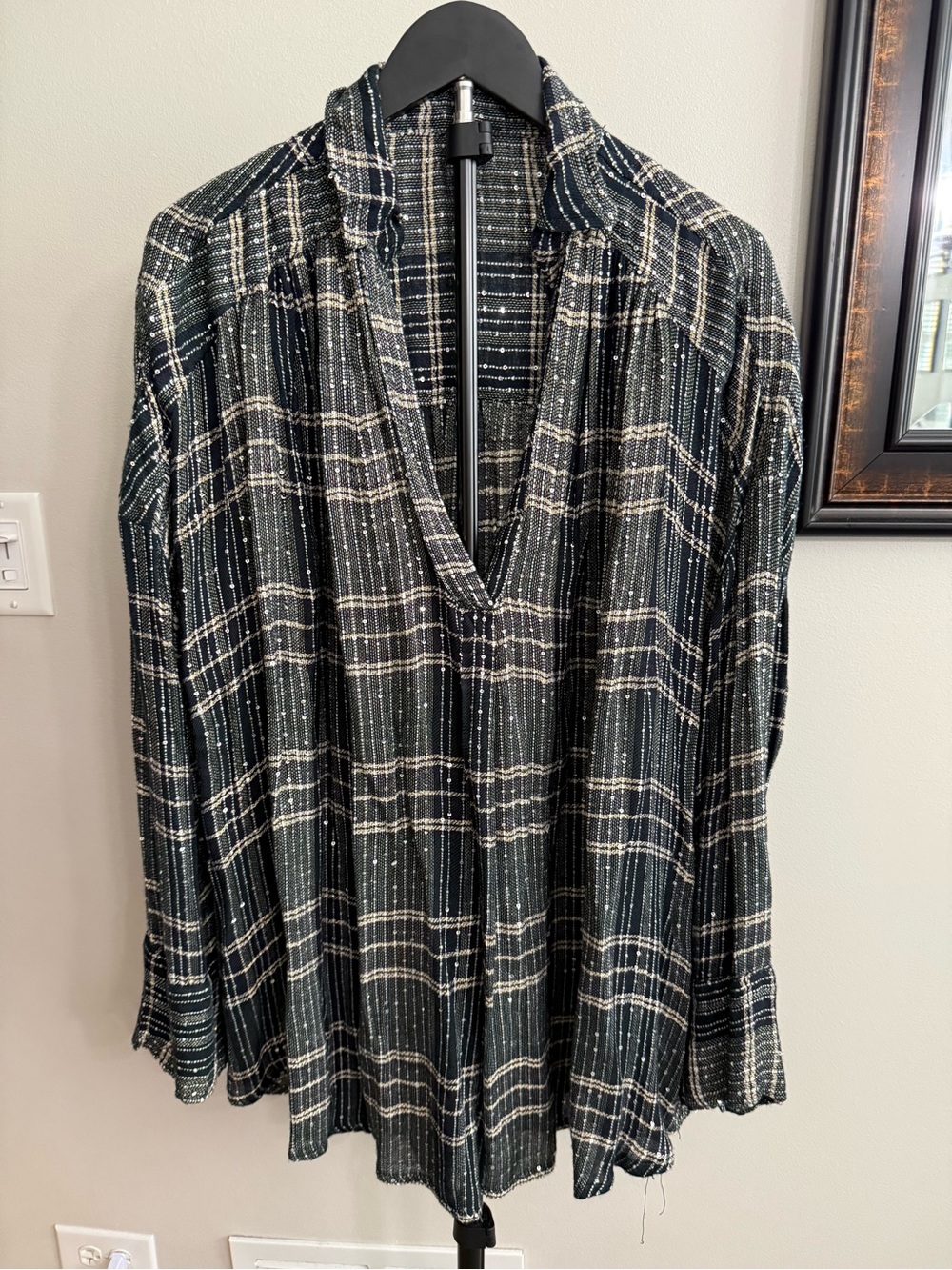 Free People Black and Cream Plaid Button-Down V-Neck Shirt